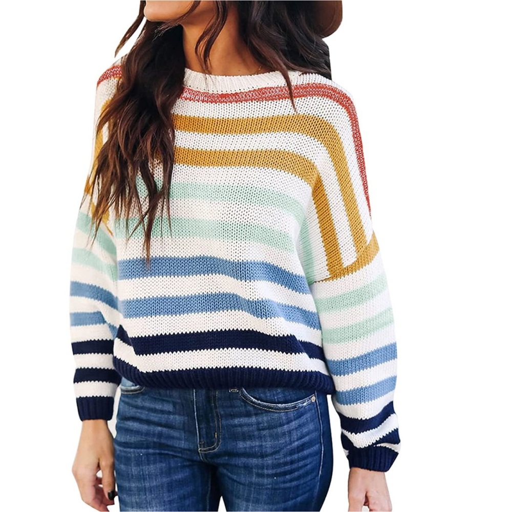 SALE 💗 Rainbow & white stripe color block loose pullover sweater